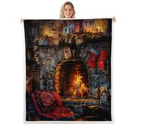 Christmas Fireplace Bed Blanket,Rustic Farmhouse Western Brick Wall Flannel Blanket for Room Decor,3D Burning Fire Winter Xmas Cute Cat Fleece Blanket for Kids,Super Soft,Throw 50"x60"