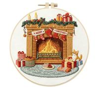 (Christmas fireplace) Christmas DIY Stitches Practice Kit with Embroidery Hoop Hand Sewing Kit Needlepoint Kit for Beginners Gift