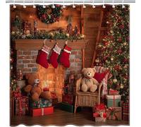 Christmas Fireplace Shower Curtain Winter Holiday 3D Shower Curtains Set Waterproof Mould Resistant Polyester Fabric Bath Curtains 200x200 cm (79x79 Inch) with Hooks for Bathroom Decor a.29