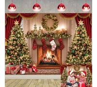 Christmas Fireplace Theme Backdrop Vintage Red Curtain Xmas Tree Photography Background Winter Christmas Family Holiday Party Decorations Banner Studio Photo Props (6x4FT: 72x48 inch)