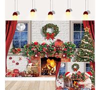 Christmas Fireplace Theme Backdrop White Wall Red Curtain Fireplace Xmas Tree Gift Sock Decorations Xmas Background Pictures Banner Photo Studio Decor Booth Props 7x5FT