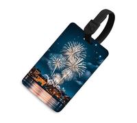 Christmas Fireworks in The Night Sky Luggage Tag Travel Essentials TPU Bag Tag Personalized Luggage Tags Holder Name Id Identifiers Card with Black Lanyard for Suitcase Backpack Toolbox, Black, One