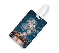 Christmas Fireworks in The Night Sky Luggage Tag Travel Essentials TPU Bag Tag Personalized Luggage Tags Holder Name Id Identifiers Card with Black Lanyard for Suitcase Backpack Toolbox, White, One
