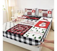 Christmas Fitted Sheet King Size,Xmas Tree Santa Claus Snowman Bedding Set 3pcs,Geometric Lattice Patchwork Bed Sheets with 2 Pillowcases,Kids Boys Girls Room Decor,Soft Bedding(No Flat)