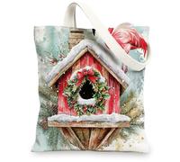 Christmas Flamingos Bird Canvas Tote Bag for Shopping 13 * 15, Fun Watercolor Birdhouse Reusable Grocery Bag for Women, Winter Travel Painting Gift Decoration