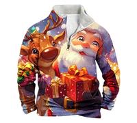 Christmas Fleece Jumper for Men Santa Claus Reindeer 3D Printed Sweatshirt Men's Stand Collar Pullover Xmas 1/4 Zipper Shirt with Front Pocket Sweatshirts Long Sleeve Blouse Funny Festival Tops