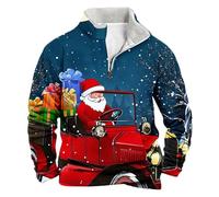 Christmas Fleece Jumper for Men Santa Claus Reindeer 3D Printed Sweatshirt Men's Stand Collar Pullover Xmas 1/4 Zipper Shirt with Front Pocket Sweatshirts Long Sleeve Blouse Funny Festival Tops