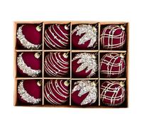 Christmas Flocked Baubles - 12-PC Tree Ball Ornaments | Hangable Gold/Green/Red Velvet Baubles | Shatterproof Decoration for Home Offices