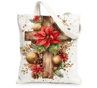 Christmas Floral Canvas Tote Bag, Vintage Poinsettia Design, Reusable Lightweight Washable Shoulder Strap Bags for Travel Outdoor Picnic 13x15 Inch