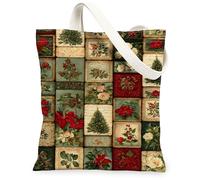 Christmas Floral Canvas Tote Bags, Botanical Design Reusable Grocery Bags, Winter Lightweight Washable Shoulder Strap, Red, 13x15 Inch