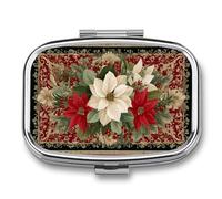 Christmas Floral Red Holly Berries Green Leaves Pill Box 2 Compartment Portable Medicine Pill Case Travel Pill Organizer for Pocket Purse