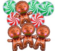Christmas Foil Balloons Set - Brown Gingerbread Man & Red Green Xmas Round Candy Mylar Balloons Kit for Kids Holiday Xmas New Year Birthday Party Decor