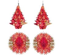 Christmas Foil Ceiling Decorations - Set 4 30cm Tree and Ball Set. 2 Christmas Tree and 2 Christmas Balls (Red/Gold)