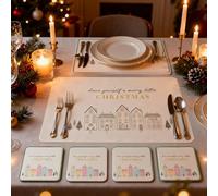 Christmas Foiled Placemats & Coasters Set - 4 Pack Screen-Printed Table Mats with Cork Backing, Easy-Clean Festive Décor - Placemats 21.5 x 28.5cm, Coasters 10 x 10cm
