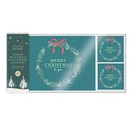 Christmas Foiled Placemats & Coasters Set - 4 Pack Screen-Printed Table Mats with Cork Backing- Placemats 21.5 x 28.5cm, Coasters 10 x 10cm, Elegant Green & White 'Merry Christmas, Festive Décor