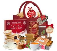 Christmas Food Hamper Gift With Biscuits, Mince Pies, Tea, Hot Chocolate Strirrer, Cinnamon Millionaire Slice and More! In Red Jute Bag - For Mum, Family, Friends & Couples by the Hamper Fairy