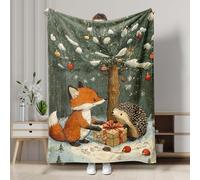 Christmas Fox and Hedgehog Blanket, Green Cozy Forest Animal Holiday Throw Blanket, Winter Soft Plush Warm Decor for Sofa, Bed, All Season 50x60 Inch
