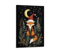 Christmas Fox Cute Woodland Holiday Santa Hat Animal Winter Wall Art Paintings Canvas Prints Poster Artwork for Living Room Bedroom Bathroom Office Home Decor 12x18inch(30x45cm)
