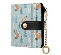 Christmas Fox Tree Blue Pattern Small Women Wallet Bifold RFID Blocking Leather Compact Card Holder with Zipper Coin Pocket Purse for Ladies Women Girls