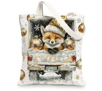 Christmas Foxes Canvas Tote Bag for Shopping 13 * 15, Luxury Xmas Truck Reusable Grocery Shoulder Cloth Bag for Women, Animal Painting Gift Decoration