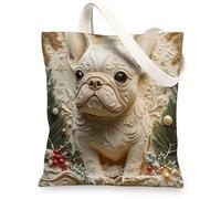 Christmas French Bulldog Dog Canvas Tote Bag for Shopping 13 * 15, Fun Xmas Luxury Reusable Grocery Bag for Women, Pet Travel Painting Gift Decoration