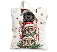 Christmas French Bulldog Dog Canvas Tote Bag for Shopping 13 * 15, Xmas Fun Watercolor Reusable Grocery Bag for Women, Pet Travel Painting Gift Decoration