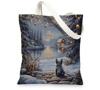 Christmas French Bulldog Dog Canvas Tote Bag for Shopping 13 * 15, Xmas Snowy Scene Reusable Grocery Shoulder Bag for Women, Pet Painting Gift Decor