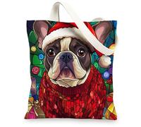 Christmas French Bulldog Dog Canvas Tote Bag for Shopping 13x15, Stained Glass Winter Puppy Reusable Grocery Print Pattern Bag for Women, Fun Pet Aesthetic Painting Gift Decor