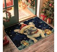Christmas French Bulldog Dog Front Black Door Mat Outside Inside Entrance 29 * 17, Cute Xmas Stars Outdoor Indoor Ultra Thin Doormat, Small Pet Classroom Patio Home Shoes Off Doormat