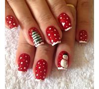 Christmas French Tip False Nails - 24pcs Medium Square Press on Nails - Coffin Stick on Nails with Xmas Tree Snowman Design - French Tip False Nails Full Cover Artificial Acrylic Nails in 12 Sizes