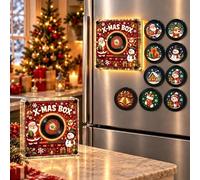 Christmas Fridge Magnet,Vinyl Record Player NFC Music Box Set with 9 Discs | Mini Rotating Magnetic Singing LED Night Light Music Player, Christmas Fridge Decor Holiday Jingle Night Gift Set