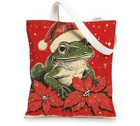 Christmas Frogs Canvas Tote Bag for Shopping 13 * 15, Vintage Xmas Poinsettia Reusable Grocery Shoulder Cloth Bag for Women, Animal Painting Gift Decor