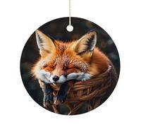 Christmas Funny Fox Creature Sleeping Round Pendant Circle Ornament Hanging Ceramic Pendant Porcelain Round Decorations for Xmas Tree Winter New Year Wedding Party Home Decor