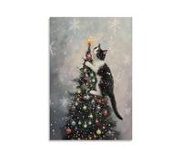 Christmas Funny Holiday Cute Cat Climbing Tree Cozy Winter Wall Art Paintings Canvas Prints Poster Artwork for Living Room Bedroom Bathroom Office Home Decor 12x18inch(30x45cm)