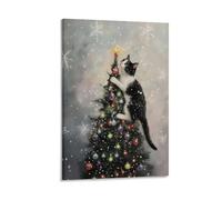 Christmas Funny Holiday Cute Cat Climbing Tree Cozy Winter Wall Art Paintings Canvas Prints Poster Artwork for Living Room Bedroom Bathroom Office Home Decor 16x24inch(40x60cm)