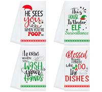 Christmas Funny Kitchen Towels Novelty Xmas Dish Towels He Sees You When You're Pooping Hand Towel Christmas Dish Tea Towels for Christmas Winter Holiday Kitchen Bathroom Cooking, 18 x 26 Inch, 4 Pcs