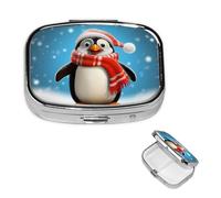 Christmas Funny Penguin Pill Box 2 Compartment Square Portable Pill Case for Pocket or Purse Pill Holder Weekly Pill Organizer Decorative Metal Medicine Vitamin Organizer Travel Gift