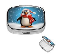 Christmas Funny Penguin Pill Case with Mirror Retro 2 Compartment Pill Box Small Pill Organizer for Purse or Pocket Decorative Metal Medicine Vitamin Organizer Unique Gifts