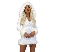 Christmas Fur Hooded Dress for Women, Sexy V Neck White Princess Dress Costume for Christmas Party Cosplay Outfits (B White, S)