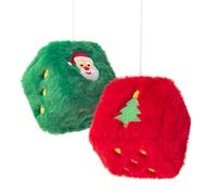 Christmas Fuzzy Dice for Rear View Mirror, Embroidered Santa and Tree Design Hanging Decorations, Red Green Plush Dice Ornaments for Car, Home, Indoor or Outdoor Holiday Decor Pair