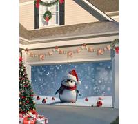 Christmas Garage Door Banner Cover 7 x 16 ft, Christmas Winter Snowflake Red Ball Funny Penguin Garage Door Decorations Holiday Christmas Backdrop Decor for Winter New Year Party Photo