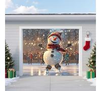 Christmas Garage Door Banner Cover, Adorable Ice Skating Snowman with Winter Outdoor Skating Scenes - Large Holiday Mural for Outdoor Garage Decor, Wall Backdrop for Home or Office,6.5 * 5ft/2 * 1.5m