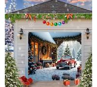 Christmas Garage Door Cover Decorations Backdrop Banner,Large Hanging Winter Xmas Single Car Garage Door Cover,Santa’s Cabin Snowy Tree Truck Christmas Backdrop Decor,Outdoor Holiday Decorations 7x8ft