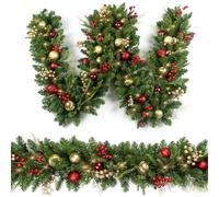 Christmas Garland 2.7M with 50 Led, Gold & Red Ball Berries Battery Control, Christmas Decor with Light Timer for Mantle Staircase Indoor and Outdoor