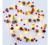 Christmas Garland 6.6FT Pinecones Christmas String Lights with Red Berries, Bells & Needles, 20 LED Battery Operated Prelit Garland for Christmas Decorations Indoor/Outdoor
