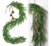 Christmas Garland 9FT(270CM) Real Touch Norfolk Pine Garland Handmade Artificial Xmas Garland for Fireplaces Stairs Table Christmas Garland Outdoor Decoration (With bell)