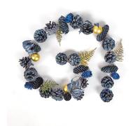 Christmas Garland Blue & Gold Natural Dried Pine Cone, Gold Fern Leaf & Baubles Traditional Rustic Style Mantelpiece Windowsill Banister Garland Christmas Décor