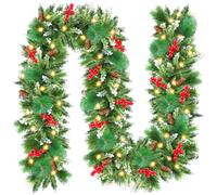 Christmas Garland, CHOIGN 2.7m/9ft Christmas Wreath with 50 LEDs String Lights Battery Powered, Christmas Decorations Artificial Indoor for Stairs, Fireplace, Door, Xmas Trees, Garden,Gift