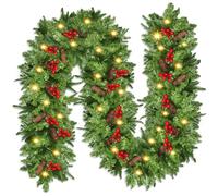 Christmas Garland Decoration with Lights - 9Ft/2.7M Prelit Artificial Christmas Garland with Pine Cones & Red Berry - Xmas Garland for Fireplaces Front Door Stairs Home Indoor Outdoor Decor