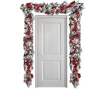 Christmas Garland Decorations 1.5m Realistic Artificial Xmas Garland Ornaments Red White Flocking Hanging for Christmas Front Door Decorations Artificial
